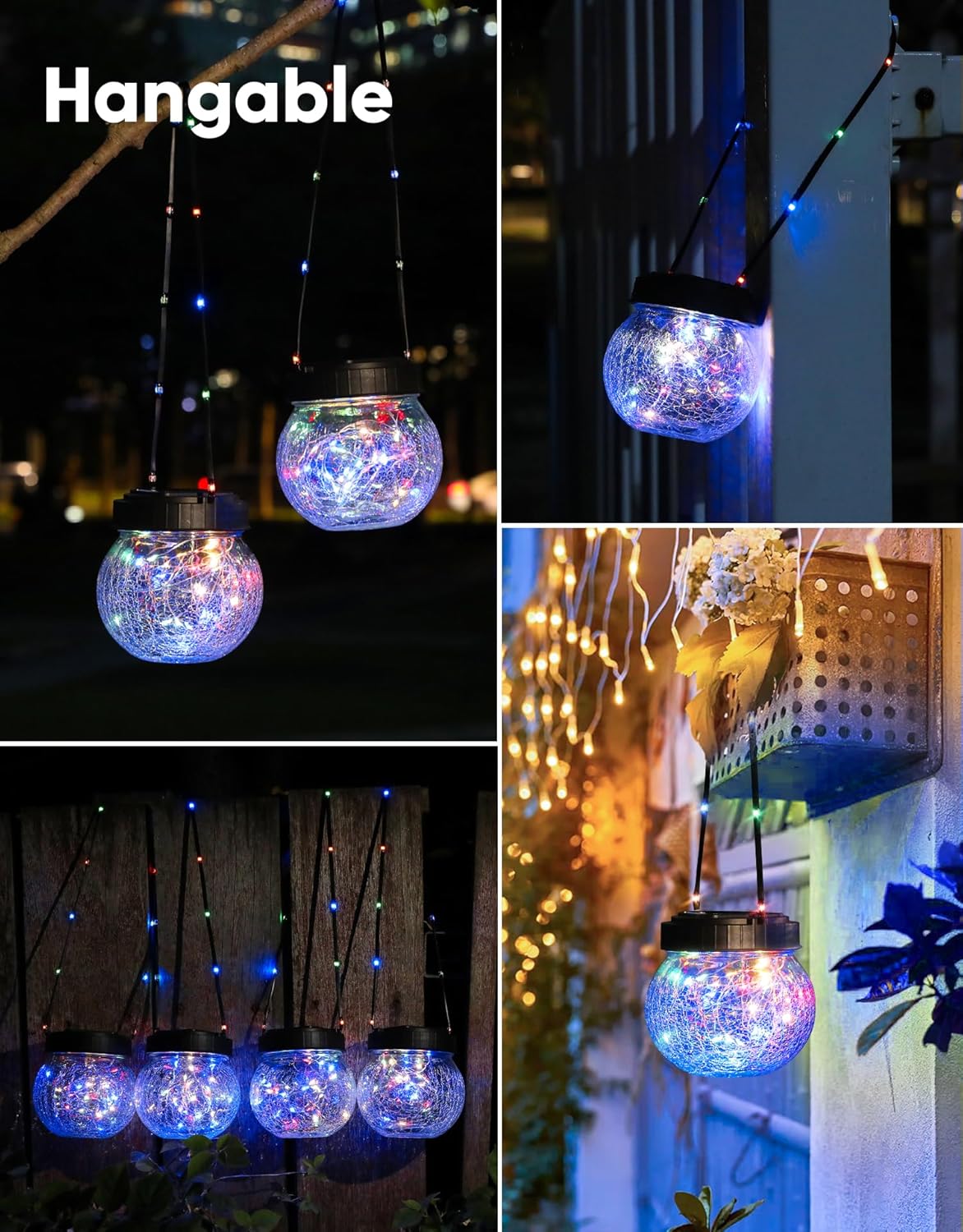 PARTPHONER Solar Lantern Solar Lights Outdoor Waterproof 18-Pack, Solar Powered Hanging Lights Cracked Glass Hanging Globes for Christmas Decoration, Shepherd Hook, Garden Tree Ornaments, Multi-Color