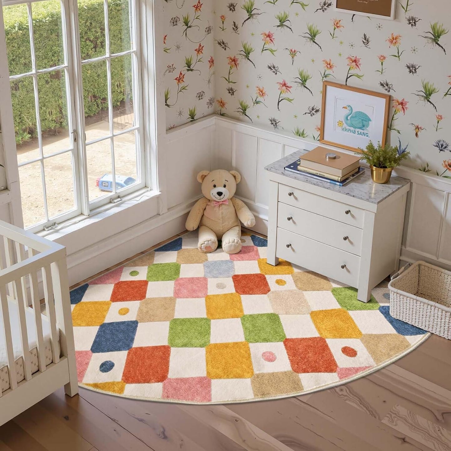jinchan Kids Rug for Nursery 5ft Radius Corner Washable Area Rug Modern Colorful Quarter Circle Rug Soft Non-Slip Carpet for Bedroom Playroom Daycare Reading Nook Kitchen Classroom Circus on Cream