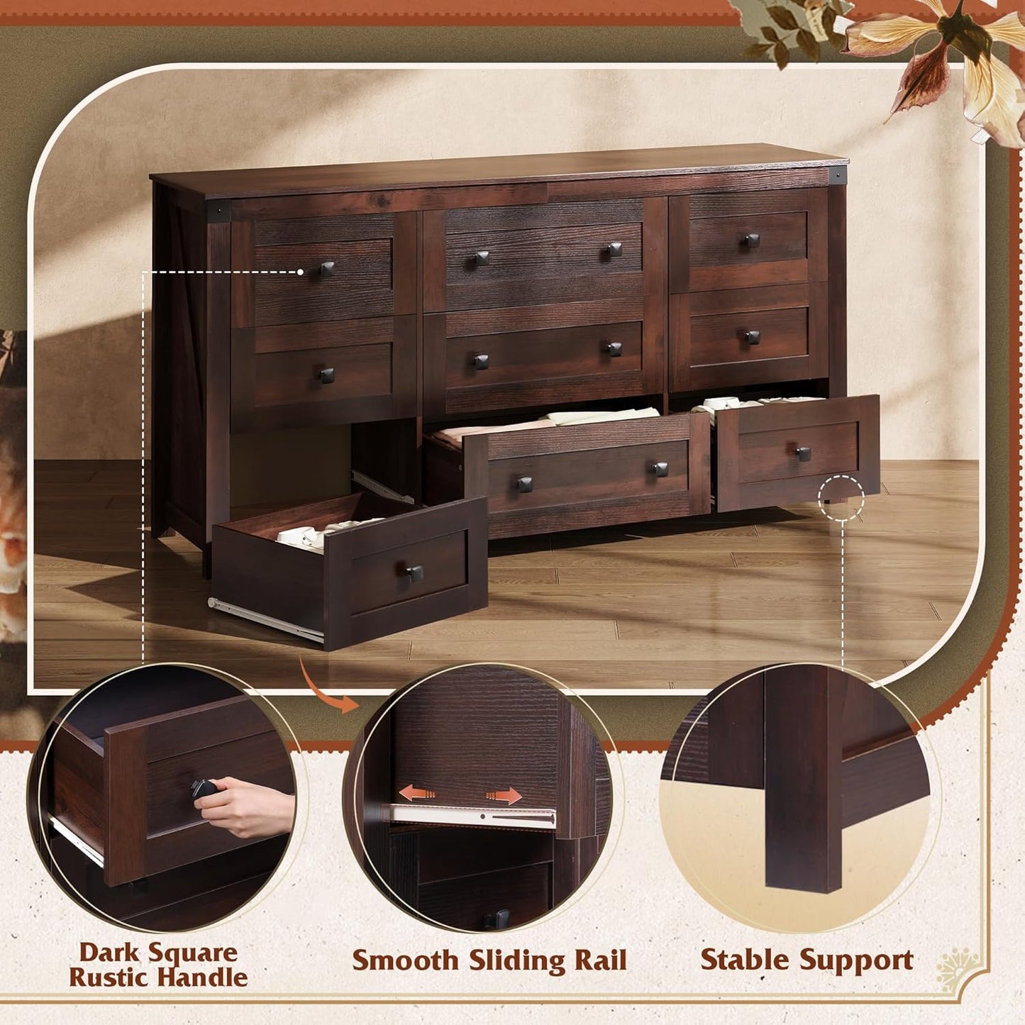 WLIVE Farmhouse Dresser for Bedroom, 63" Wide 9 Drawer Dresser Storage Organizer, Wood Chest of Drawers for Bedroom, TV Stand for 70 inch TV for Living Room, Hallway, Ball Bearing Slide (Brown)