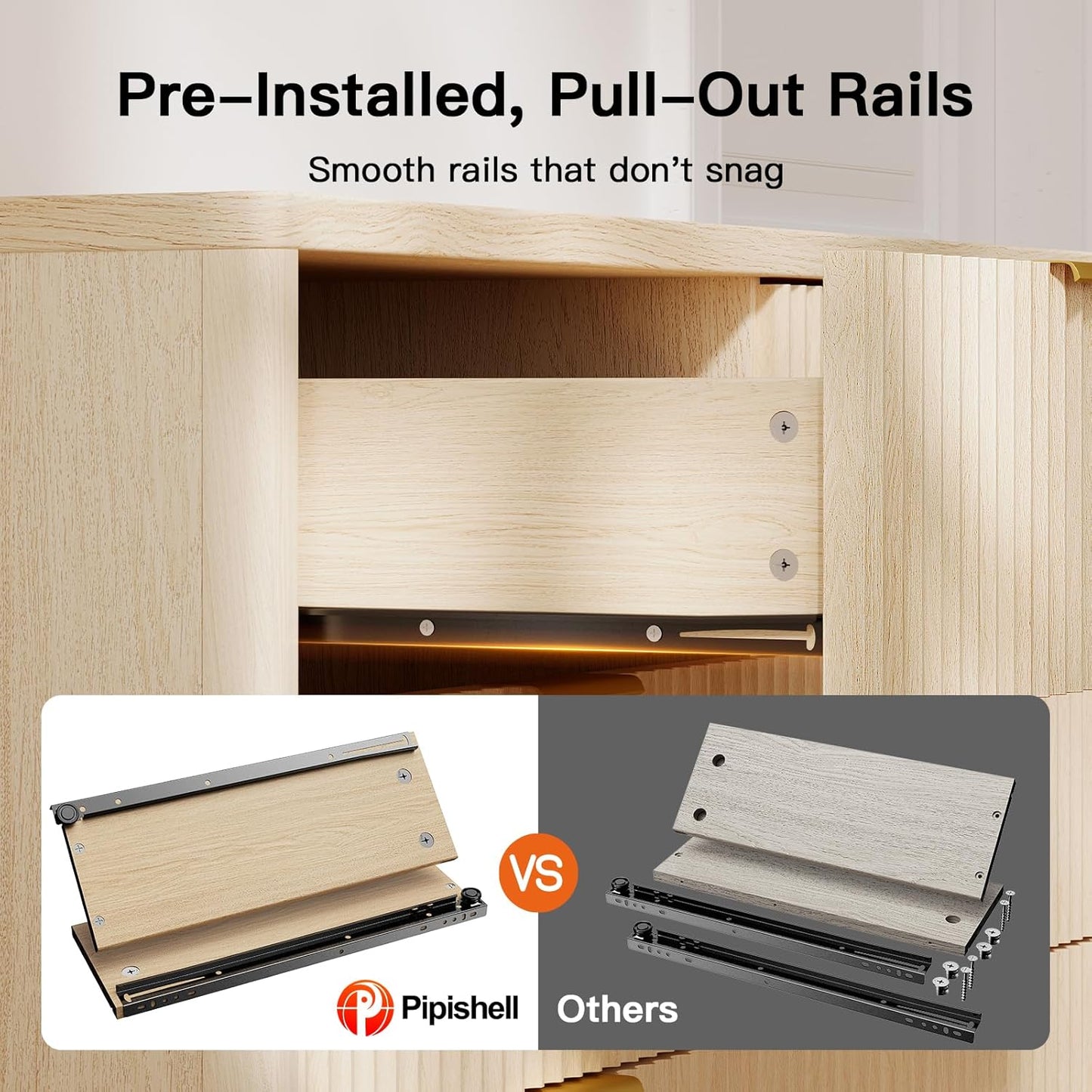 Pipishell Fluted 8 Drawers Dresser, Modern Wood Chest of Drawers, Dressers with Round Edge Design, Dresser TV Stand, Wood Drawer Organizer for Bedroom, Living Room, Hallway, Natural Oak