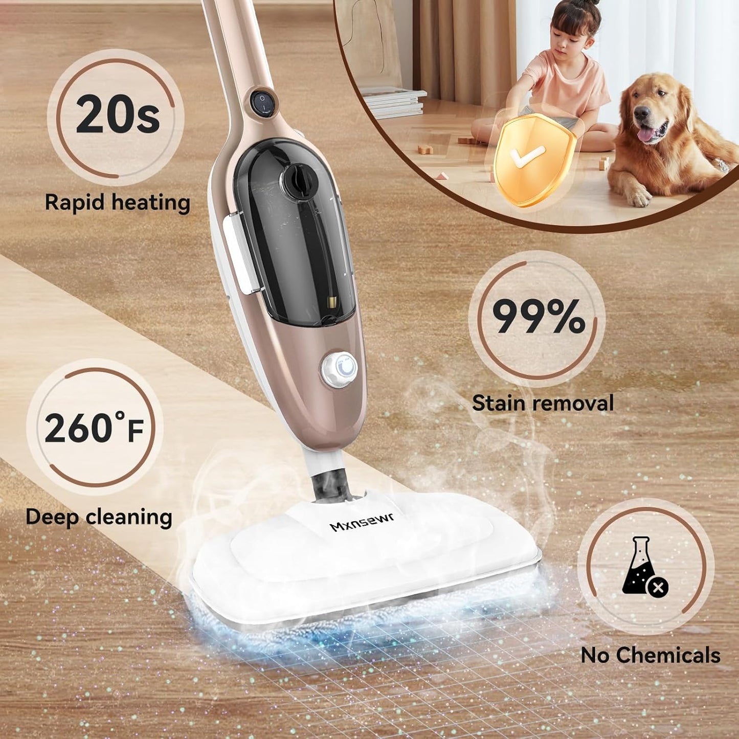 Steam Mop - All-in-one Powerful Handheld Steam Cleaner Detachable Floor Steamer with 11 Accessories, MultiPurpose Steamer for Hardwood Floors, Clothes,Windows,Tiles,Carpet, Whole Home Use, Rose Gold