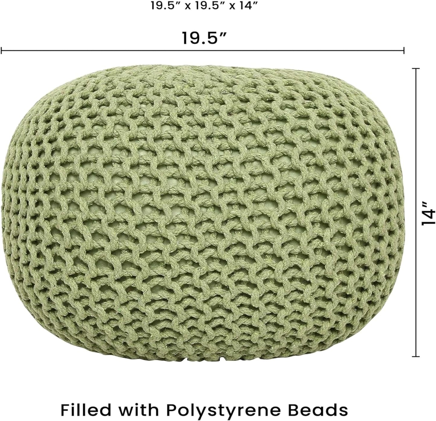 REDEARTH Round Pouf Foot Stool Ottoman - Cotton Knitted Cord Boho Pouffe - Cable Poof Filled Footrest Stuffed for Living Room - Nursery - Bedroom - Patio - Lounge (19.5"x19.5"x14") - Kiwi