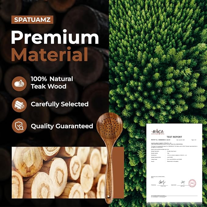 SPATUAMZ Wooden Cooking Spoons, Ladle and Spatula, Fine Polished Teak Wood Cooking Utensils Set of 6, Nonstick Wooden Kitchen Spoon & Spatula Set