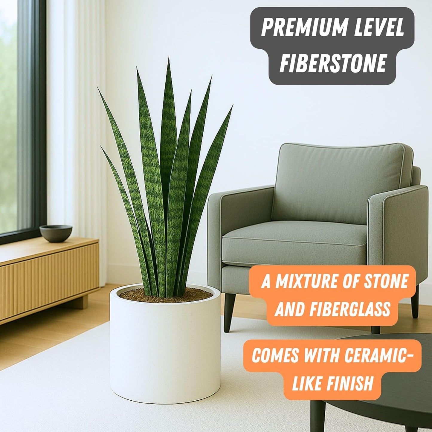 Fox & Fern 14.6 Inch Extra Large Planter — Premium Lightweight Fiberstone Matte White Plant Pot with Drainage Plug; Big Planter for Indoor & Outdoor Use; Weather Resistant & UV Resistant