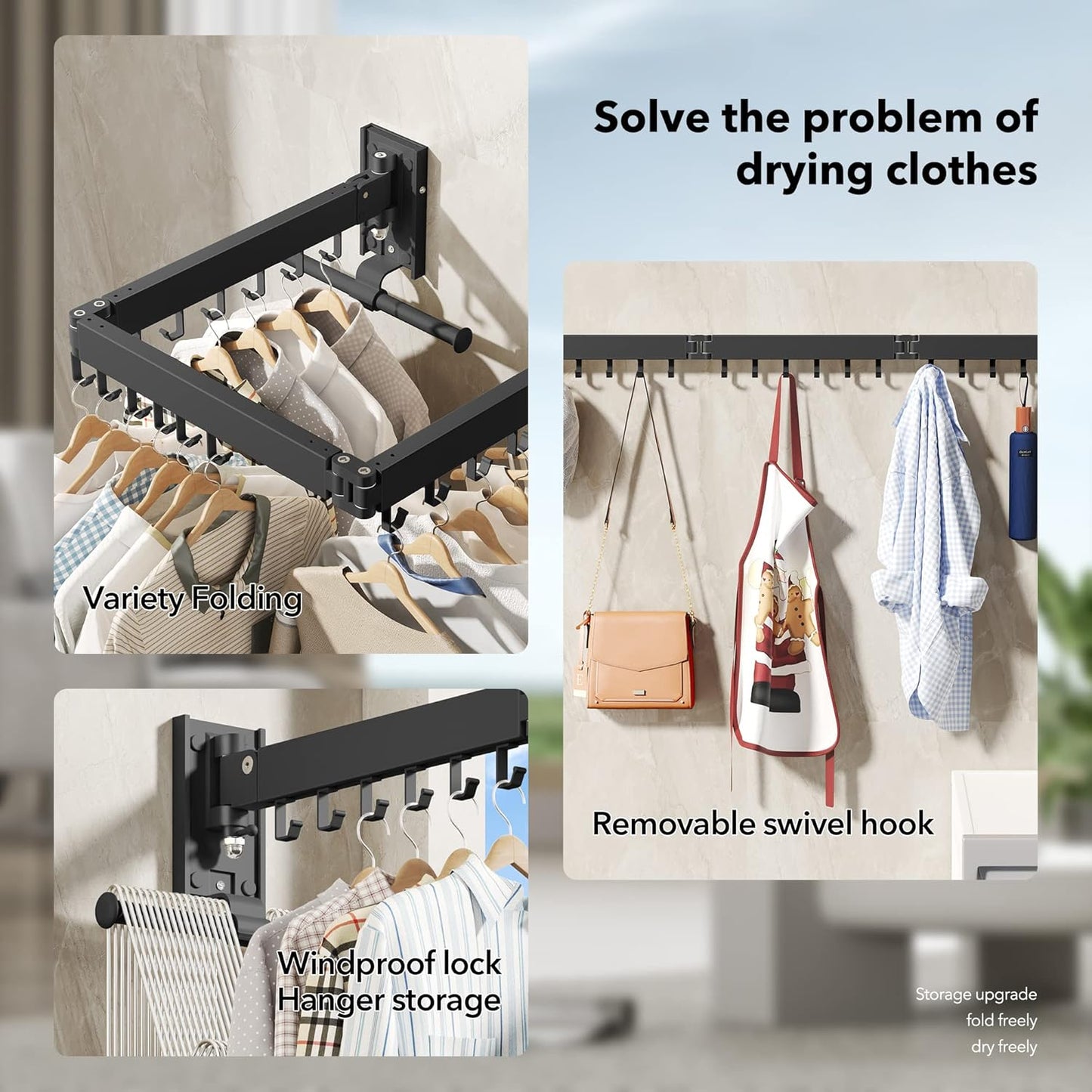 Drying Rack Clothing, Retractable Clothes Drying Rack,Wall Mounted Laundry Rack, Laundry Drying Rack Wall Mount,Collapsible Clothes Rack,can Fold Upward & Left & Right,Black Color