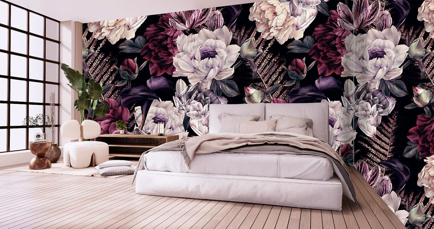 Floral Wallpaper Watercolor Dark Peony Flowers Mural Wallpaper for Bedroom Living Room (Not Peel n' Stick)