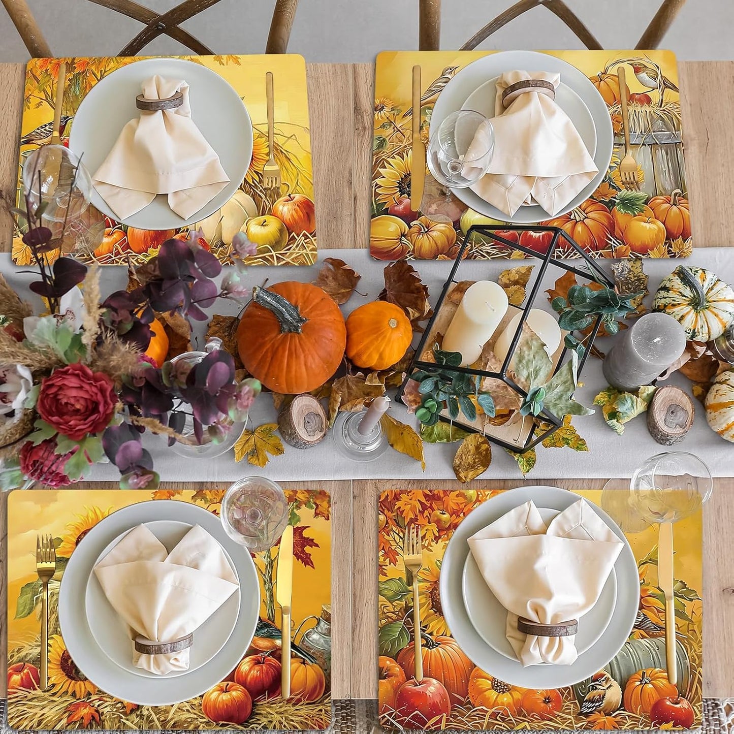 Fall Placemats Set of 6 Thanksgiving Pumpkin Plastic Table Mats Farmhouse Rustic Fall Autumn Place Mats Washable Vinyl Rustic Holiday Table Decoration for Indoor Outdoor Party Kitchen Dining