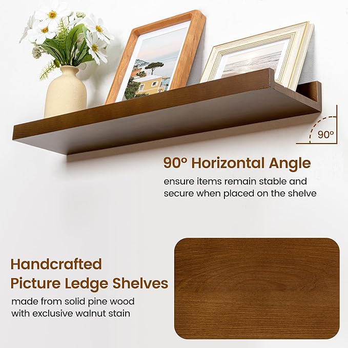 Picture Ledge Shelf, Floating Shelves Set of 2, Solid Pine Wood 55'' Long Large Nursery Book Shelves for Toys Storage, Kids Bookshelf for Living Room Bedroom Decor Books Photo Frames, Walnut