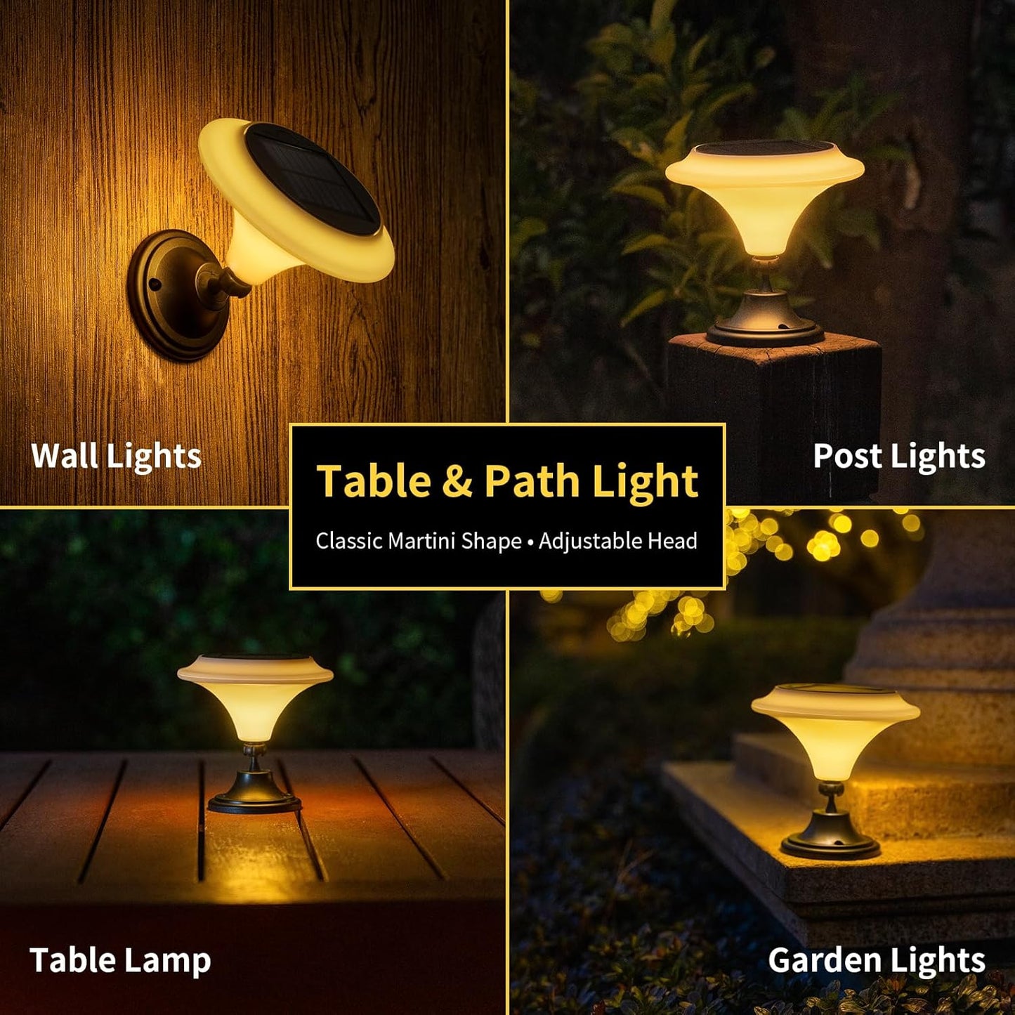 Solar Table Lights Outdoor, 2 Pack Classic Martini-Shaped Lanterns with Base & Ground Stakes, Waterproof LED Solar Powered Decorative Lights for Patio Table Garden Path (Warm White)
