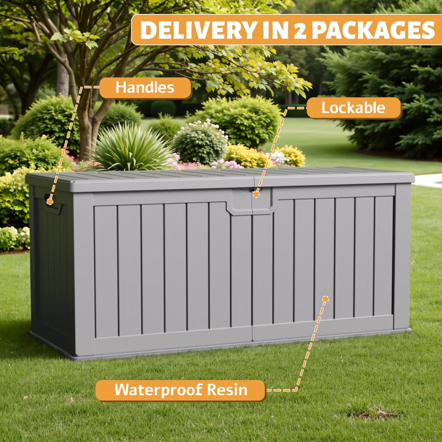 Flamaker Resin Deck Box 250 Gallon, Waterproof Imitation-Wood Lockable Storage Box with Separator Plate Outdoor Indoor, Garden, Patio Furniture for Tools&Pool Accessories (Gray)