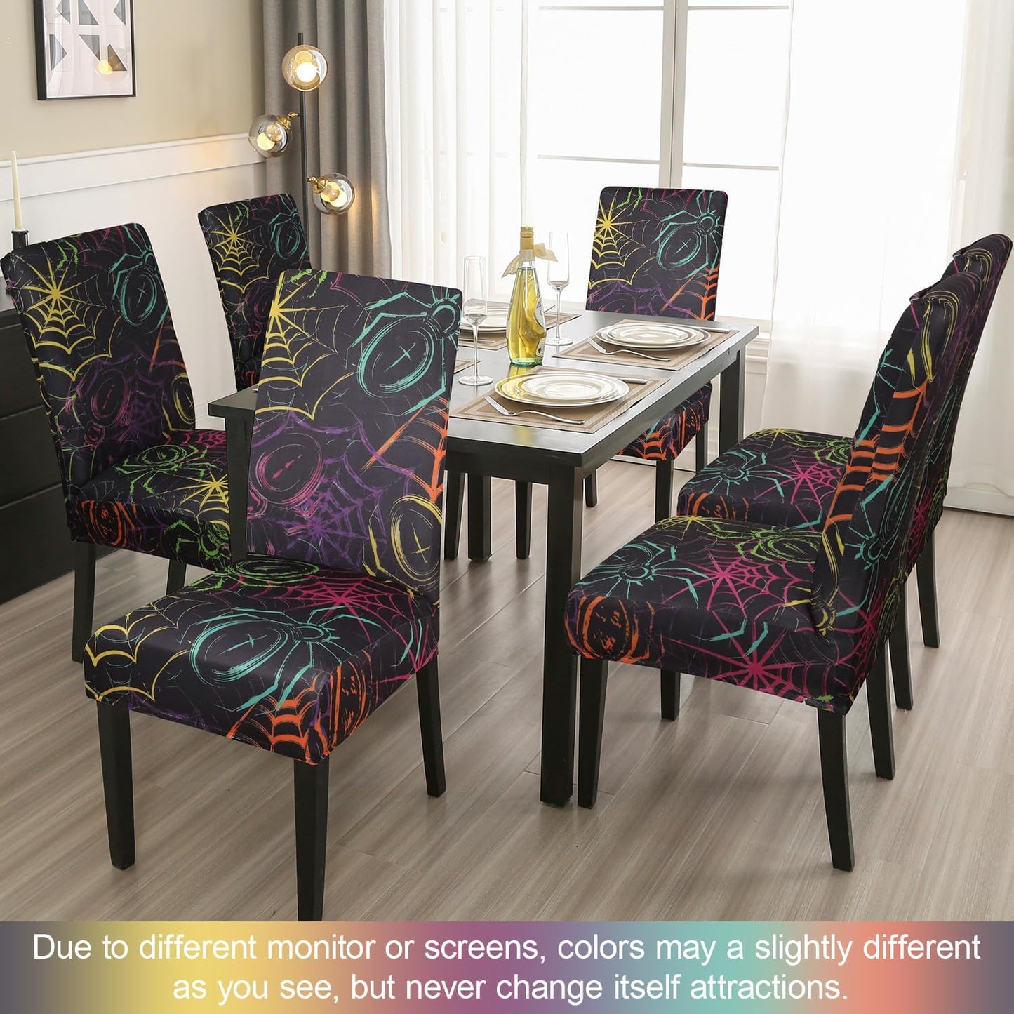JQinHome Spider Halloween Chair Slipcover,Web Black Chair Covers Set of 6, High Stretch Washable Chair Protector Cover for Dining Room, Kitchen,Home Party,Wedding Ceremony(Spider,6PC)