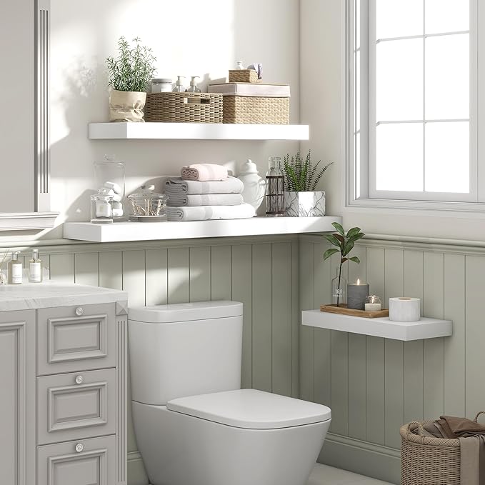 Heimlove 48" White Floating Shelves for Wall,10 Deep Rustic Wood Display & Storage Wall Shelves with Heavy Duty Brackets for Bathroom,Bedroom,Kitchen,Living Room,Office,Set of 2