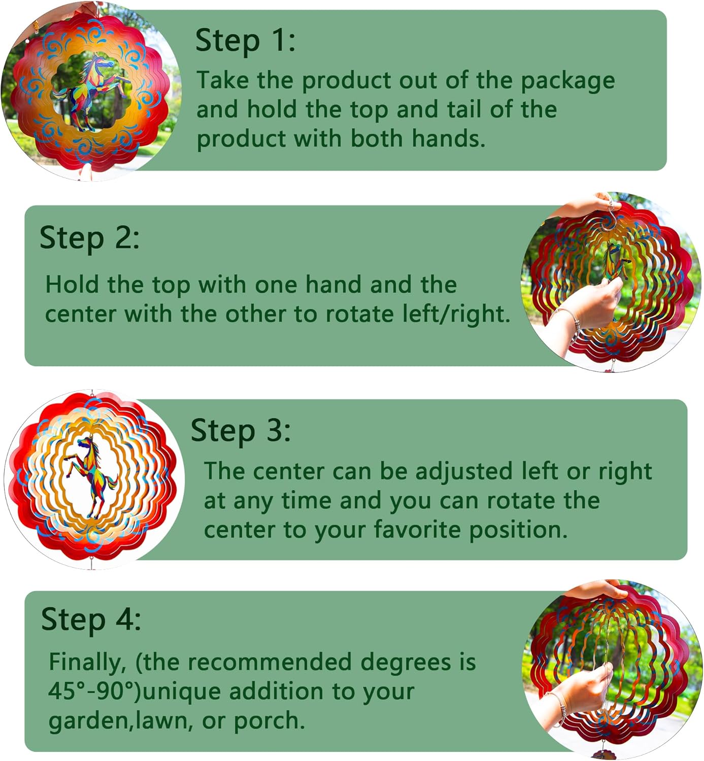 12 inch Horse 3D Stainless Steel Wind Spinners, Hanging Garden Spinner Kinetic Art Garden Decorations, Reflective Wind Sculpture for Indoor/Outdoor Decor