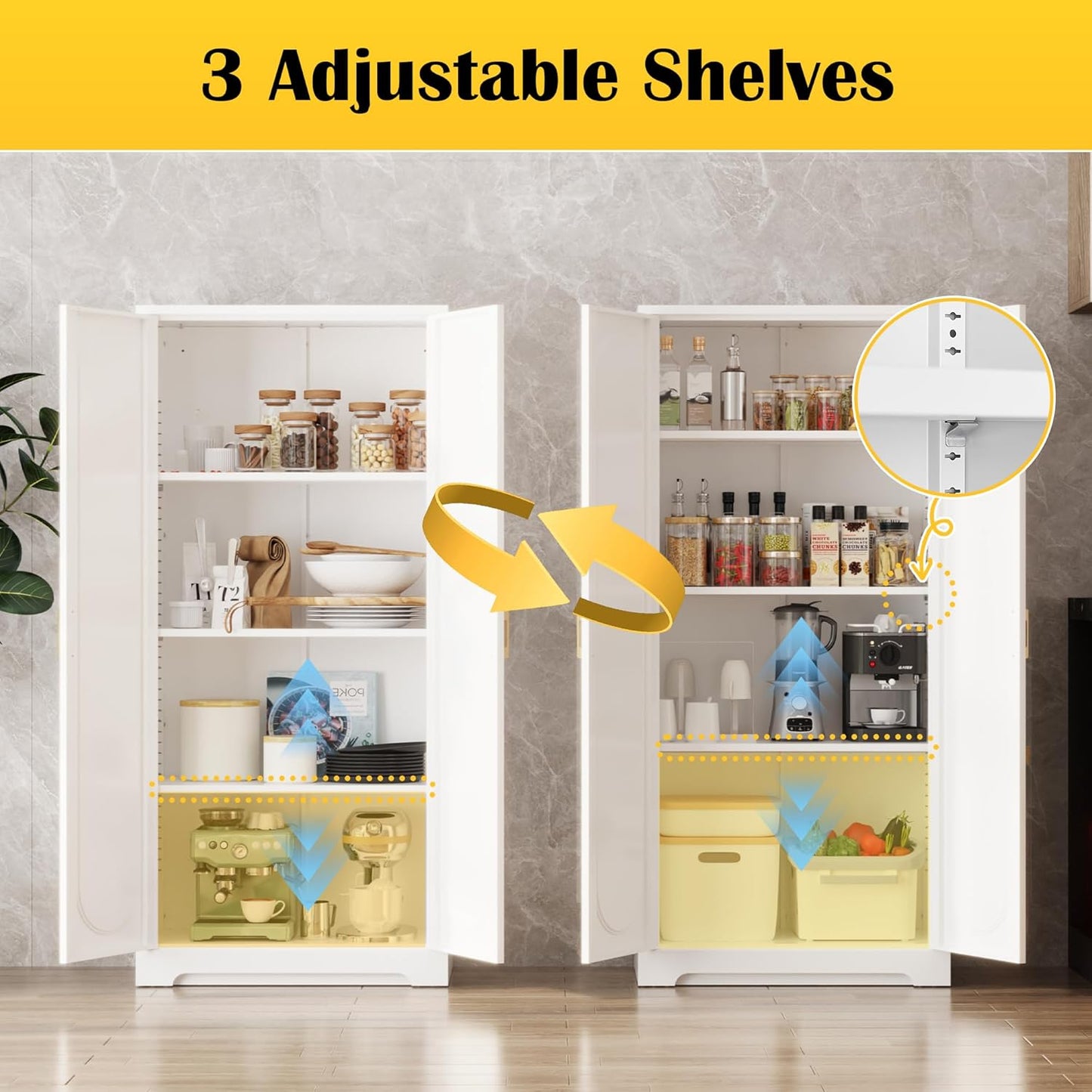 Kitchen Pantry Cabinet,60”Metal White Storage Cabinets with Doors and Shelves,Tall Cabinet with 2 Gold Hands for Dinning Room,Living Room