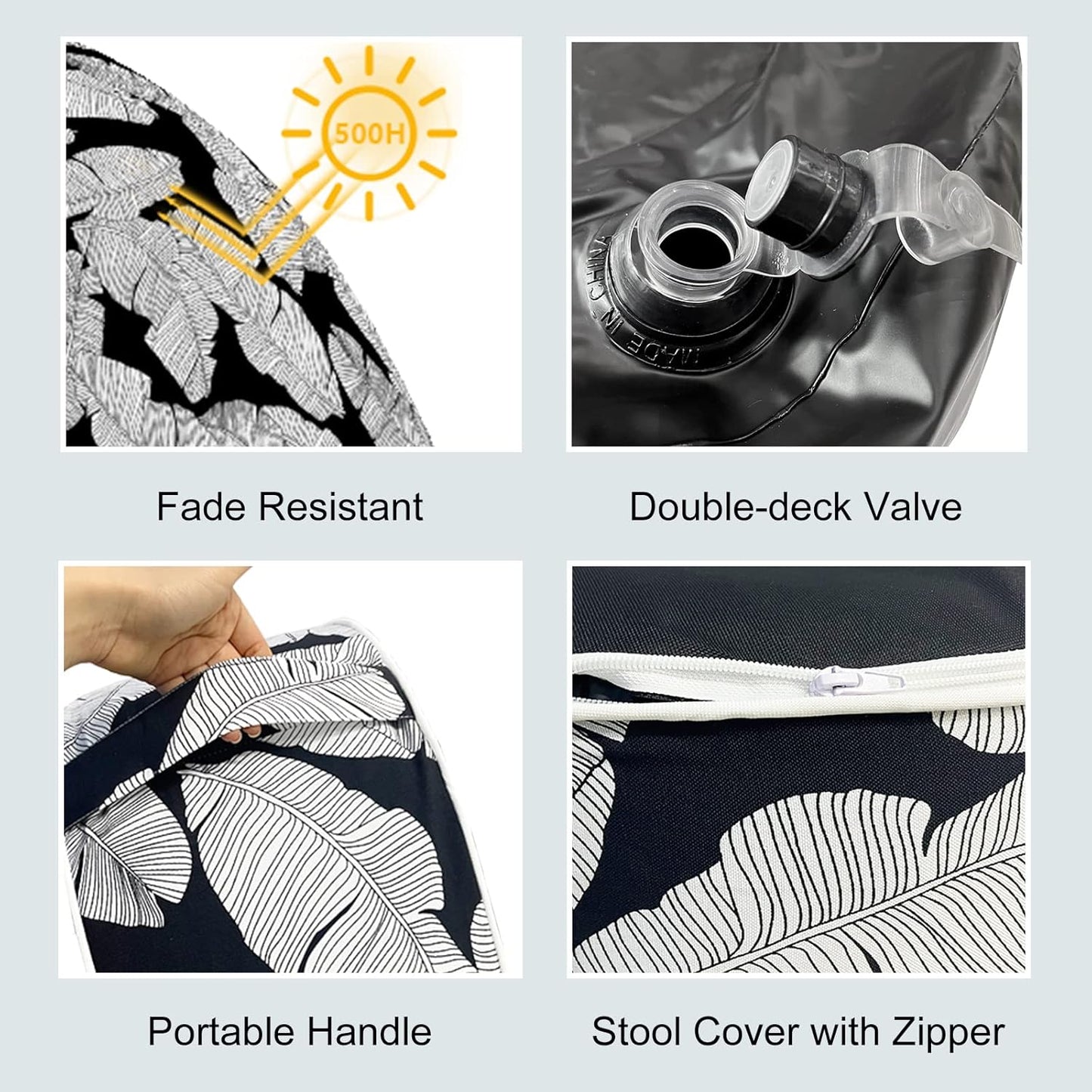 LVTXIII Inflatable Stool Ottoman Footrest with Handle, Indoor or Outdoor Foot Rest for Home Patio Garden and Camping, D21 x H9, Black Lush Leaf Jungle