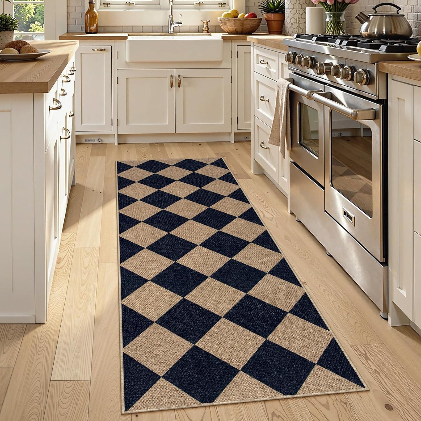 Lahome Checkered Easy Jute Runner Rug, 2x6 Kitchen Mats for Floor Washable Entryway Runner, Checkerboard Black Indoor Outdoor Carpet for Hallway 6ft Entry Laundry