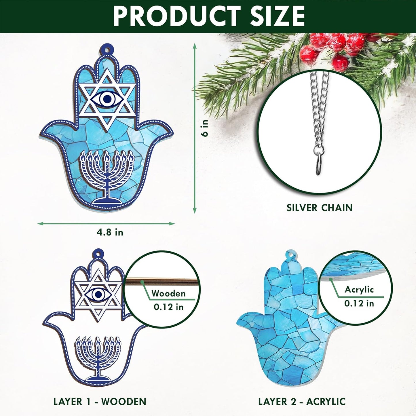 FLAGWIX Hanukkah Gifts for Women Men - Double Layered Hanging Suncatcher 6 in - Christmas Birthday Spiritual Good Luck Housewarming Gifts for Mom Dad Friends, Hamsa Hand Fatima Home Decor