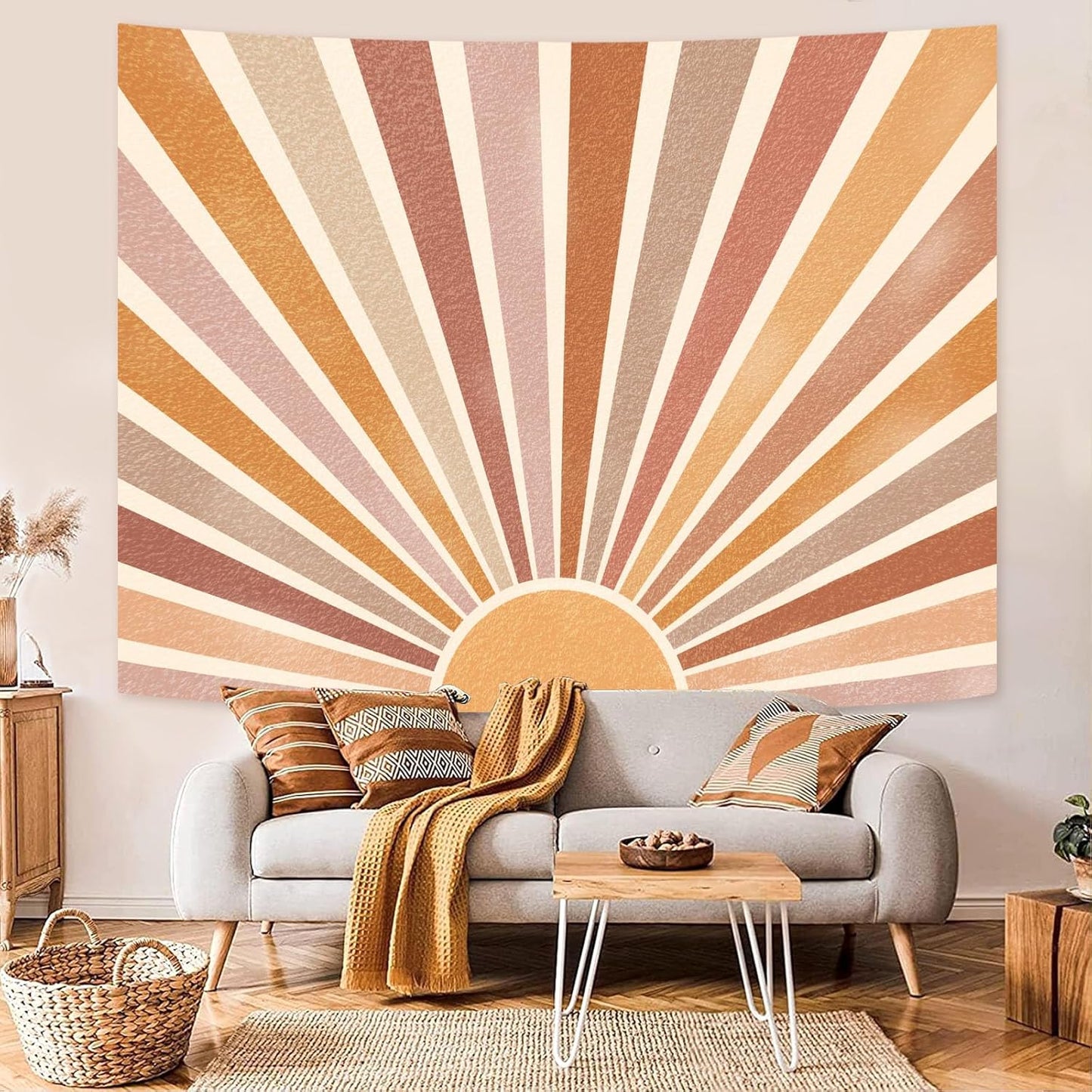 Kanuyee Retro Burning Sun Tapestry Wall Hanging, Vintage 70s Abstract Geometric Sunrise Tapestries for Bedroom Living Room Backdrop 60×80 inch