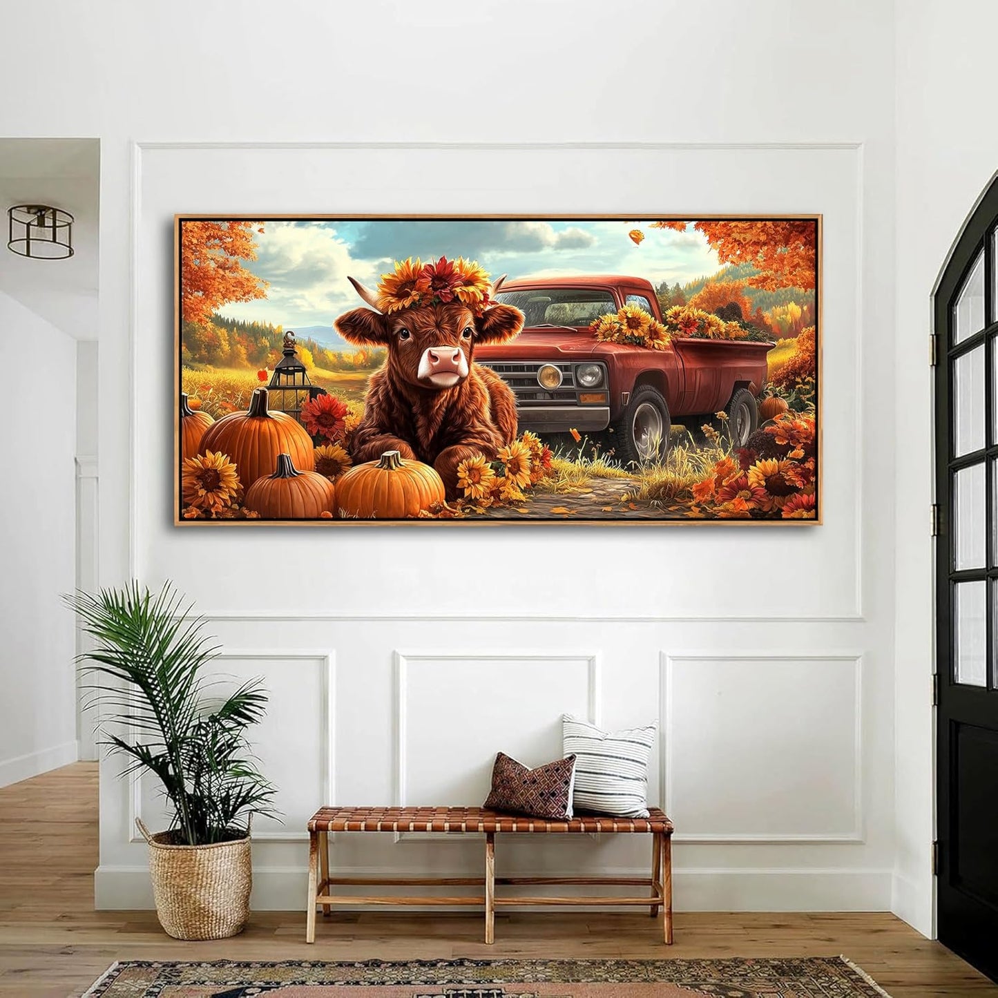 QZQCBLC Large Framed Wall Art, Orange Cow Pumpkins Rustic Fall Mountain Landscape Canvas Pictures Red Truck Sunflowers Painting Artwork for Living room Bedroom Home Office Artwork Wall Decor 29X58