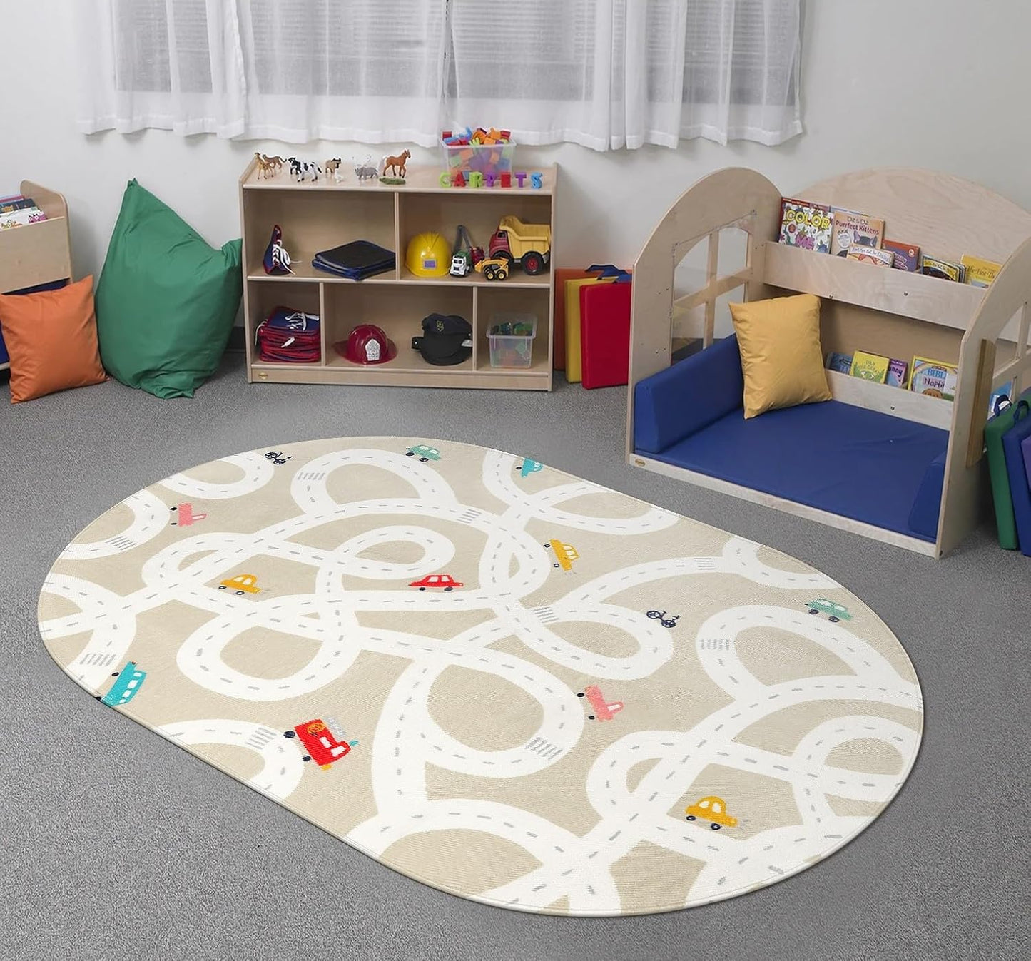 STARUIA Small Kids Rug for Kids Room, 3'x5' Washable Road Rug for Baby Nursery, Non-Slip Car Rugs for Playroom, Tan Traffic Play Mat Soft Fun Rugs for Boys Girls Dorm Toy Room Tent