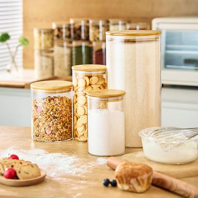 Extra Large Glass Flour and Sugar Storage Containers with Airtight Lid,132 floz x1 & 65 floz x1 [Set of 2] Big Glass Jars with Bamboo Lids, Air Tight Food Jar for Cereal, Pasta, Rice, Coffee