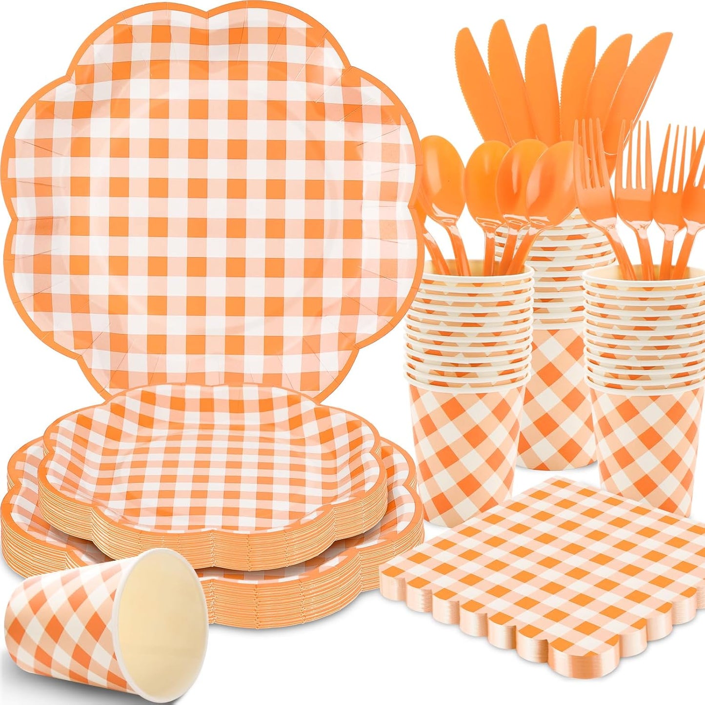 175 Pcs Orange and White Gingham Party Supplies - Orange Gingham Paper Plates and Napkins Sets Serve 25 - Scalloped Checkered Plates for Birthday Picnic Fall Halloween Thanksgivng Party Decorations