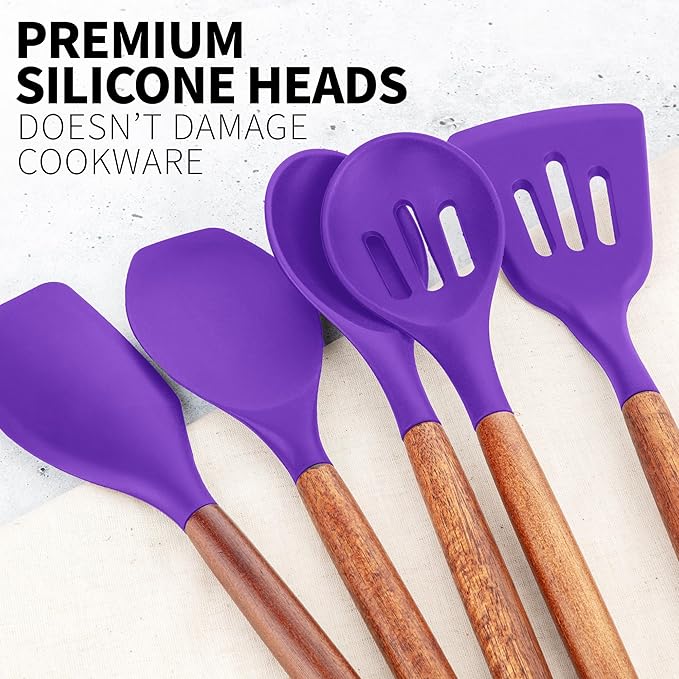 Zulay Kitchen Non-Stick Cooking Utensils Set with Authentic Acacia Wood Handles – 5-Piece Durable & Stylish Silicone Kitchen Utensils Set – Heat Resistant to 464°F – Purple