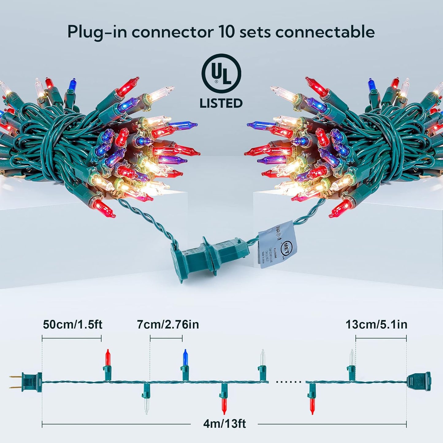 50 Count Red White and Blue Mini String Lights with Green Wire,Connectable 13ft 120V Waterproof 4th of July Patriotic Incandescent Lights, Independence Day Lights for Outdoor Indoor Decor