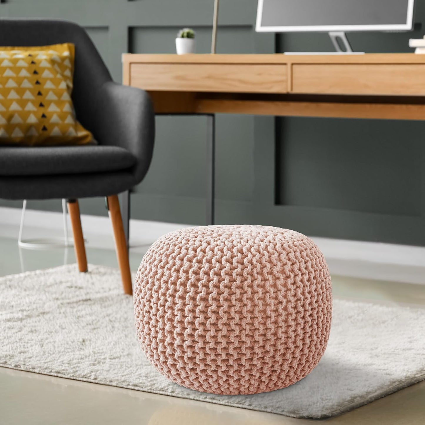 Casafield Round Pouf Ottoman, Light Pink - 20" Diameter x 14.5" High Cotton Knit Foot Stool - Boho Floor Pouffe for Living Room, Bedroom, Home Office
