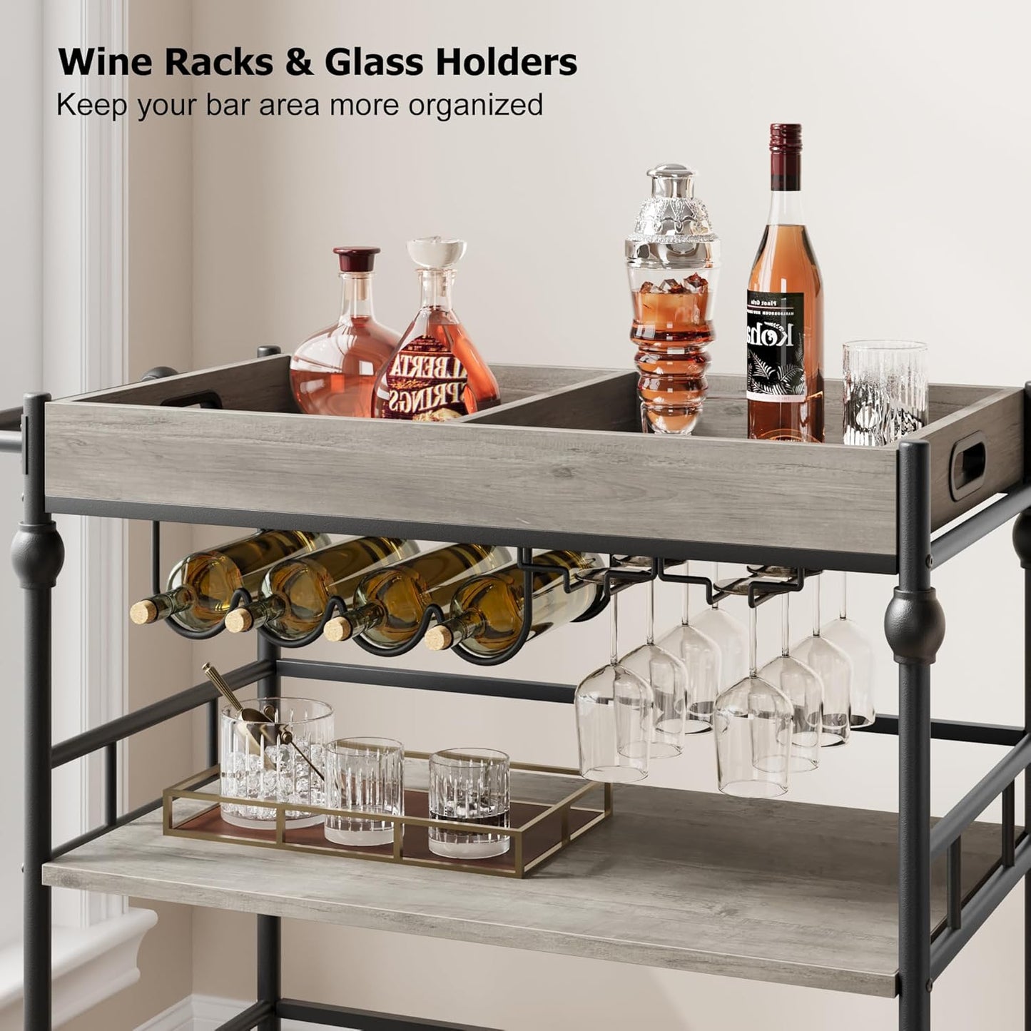 GarveeHome Bar Cart, Bar Carts for The Home, 3 Tier Serving Cart with Wheels, Home Bar & Serving Carts, Metal Rolling Cart with Wine Rack & Removable Tray for Kitchen, Dining Room, Living Room-Grey
