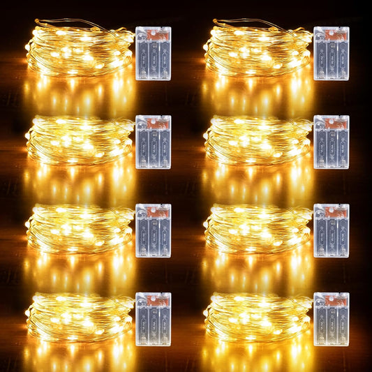 Fairy Lights Battery Operated String Lights 16.4ft 50LED Flashing and Constant Light Waterproof Silver Wire for Christmas DIY Party Bedroom Wedding (Warm White, 8 Pack)