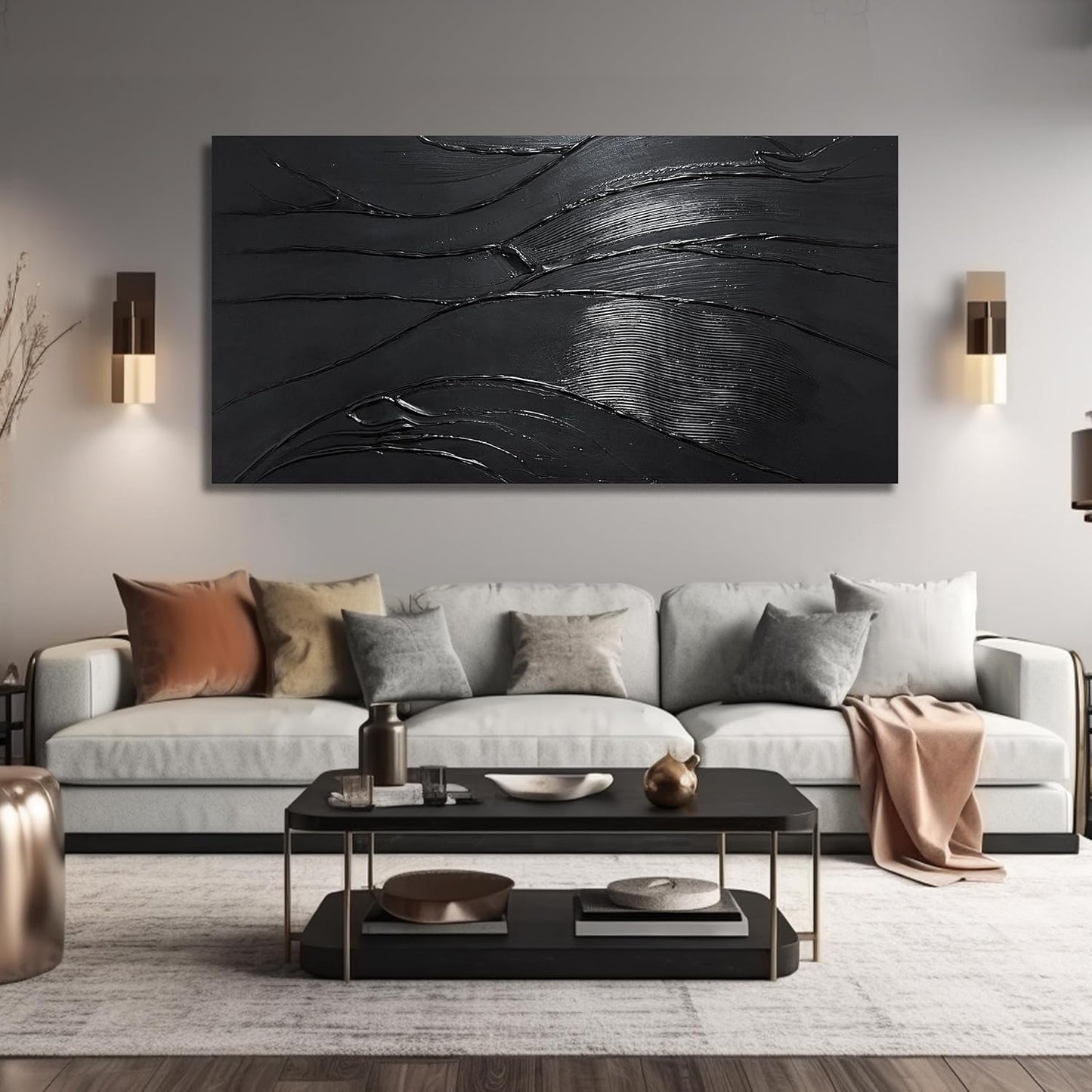 Modern Oil Painting Wall Art For Living Room Black Abstract Canvas Wall Art For Office Huge Artwork For Hotel Size 36 x 72 Inch