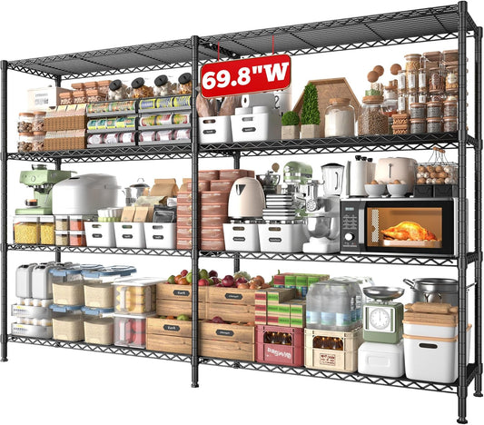 REIBII 69.8" W Storage Shelves 1250LBS Wire Shelving Unit 4 Tier Metal Shelving for Storage Rack Shelves Adjustable Heavy Duty Garage Shelf Pantry Shelves Kitchen Shelving, 69.8"Wx15.8"Dx62.9"H,Black
