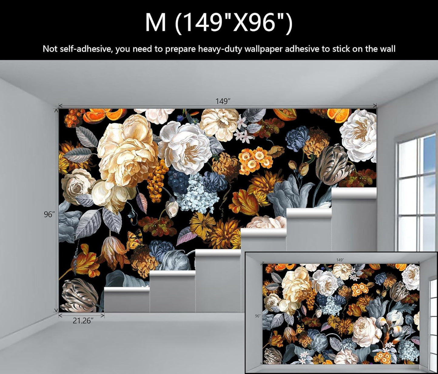 WFBHUA-Black and Gold Floral Wallpaper for Bedroom Vintage Blue Peony Flower Wall Mural (Not Peel and Stick)