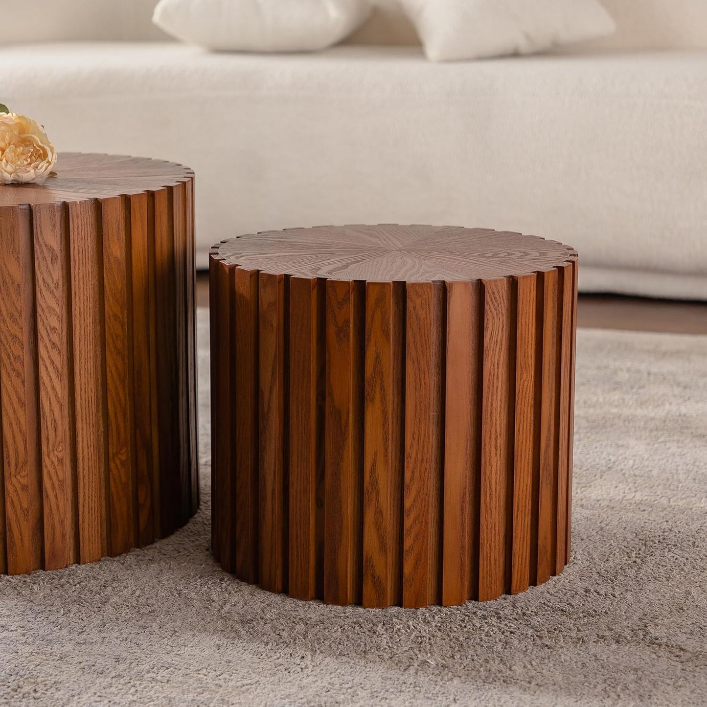 Nesting Round Coffee Table Set of 2, 18.9" Small Circle Accent End Table for Small Spaces, Morden Drum Side Table, Wooden Center Table for Living Room, Fully Assembled - Dark Walnut