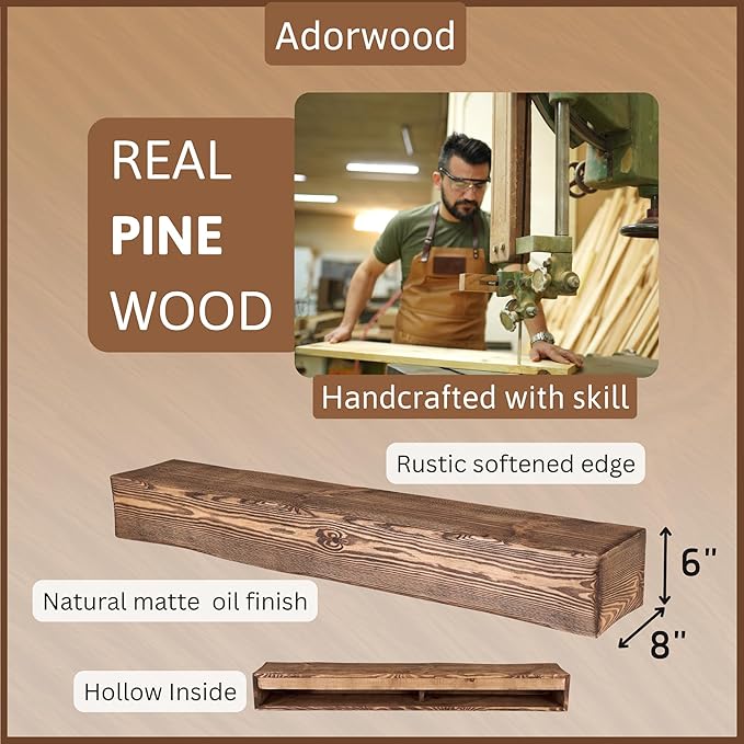 Handmade Fireplace Mantel Shelf 48", Extra Wide Rustic Wood Mantles for Over Fireplace, Wall Mounted Floating Mantel Shelves for Living Room Decor (Dark Rustic, 48Lx6Hx8D)