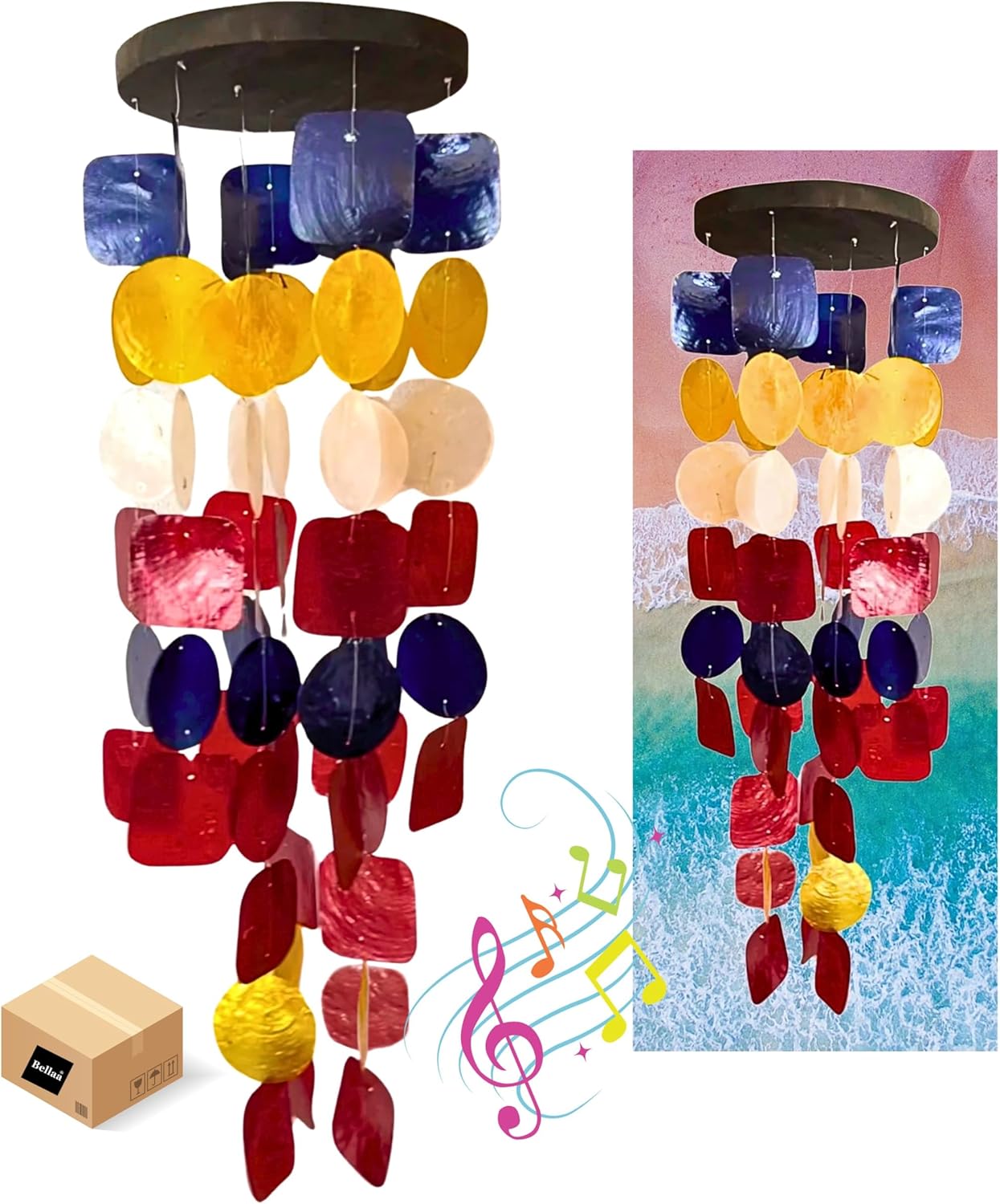 Bellaa 24872 Wind Chimes Outdoor, Garden Decorations, Musical, Indoor/Outside Windchimes, Beach, Ocean Breeze, Gifts for Mom, Gift for All Occasions, Sea Glass Shells Wood Red Blue Yellow White