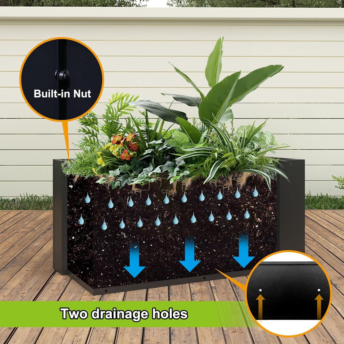 Steel Planter 36" x 12" x 16" Metal Rectangle Outdoor Planter Black Powder Coated Flower Box Metallic Heavy Pot Indoor & Outdoor, Commercial & Residential (L36 x W12 x D16, Black)