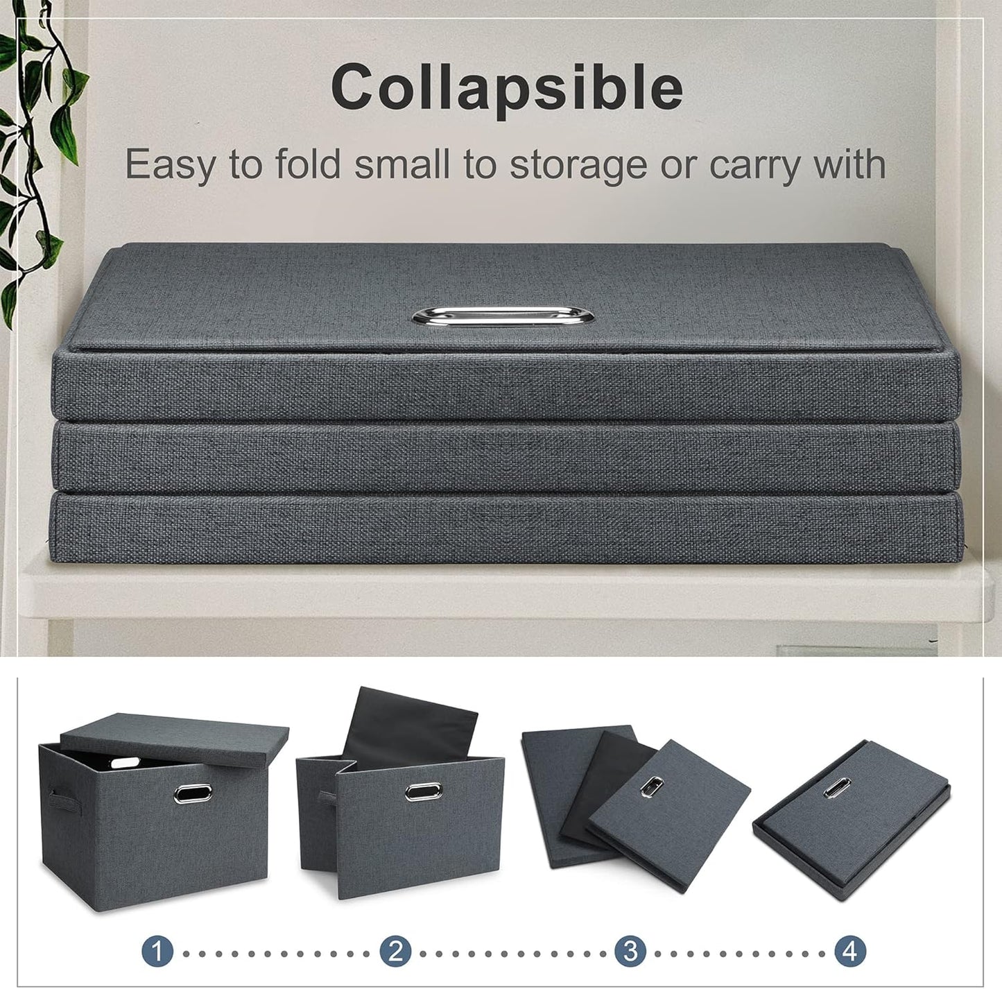 Large 17" 36 Quart Collapsible Stackable Storage Bins with Lids, 3 Packs Dark Gray Foldable Fabric Closet Storage Boxes with Lids, Heavy-duty Linen Cube Baskets(17x12x11)