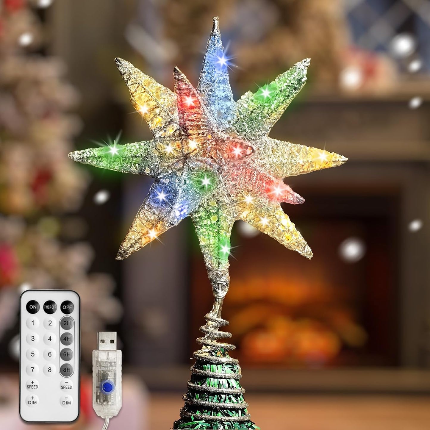 Christmas Tree Topper Star with Colorful 50 LED Lights, Star Tree Topper for Christmas Tree Tradition Moravian Decor, 11X 7.87 Inch with 5m Long Line, Estrella para Arbol De Navidad, Silver