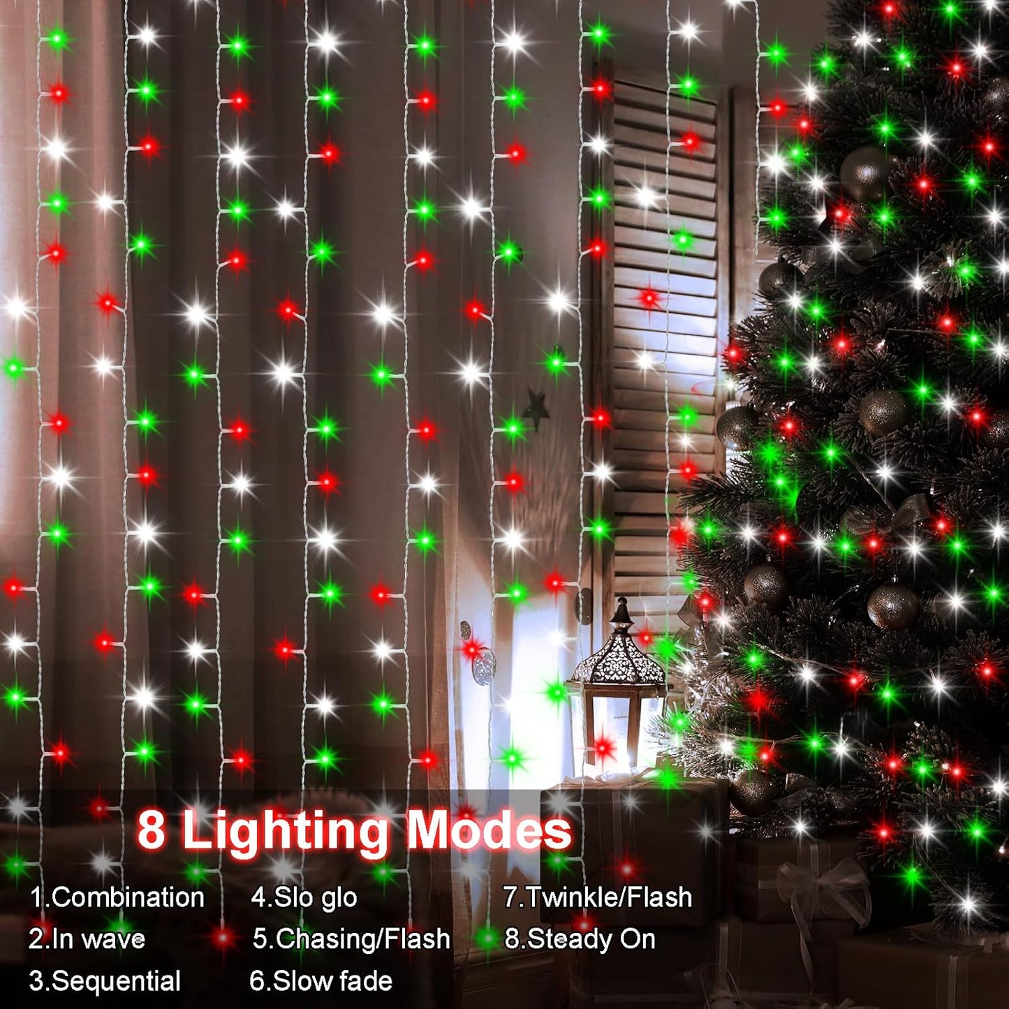 echosari Red White and Green Christmas Curtain Lights Battery Operated, 300 LED Fairy Curtain Lights 9.8Ft x 9.8Ft Hanging Lights with Remote Timer for Party Holiday Garden Yard Decor