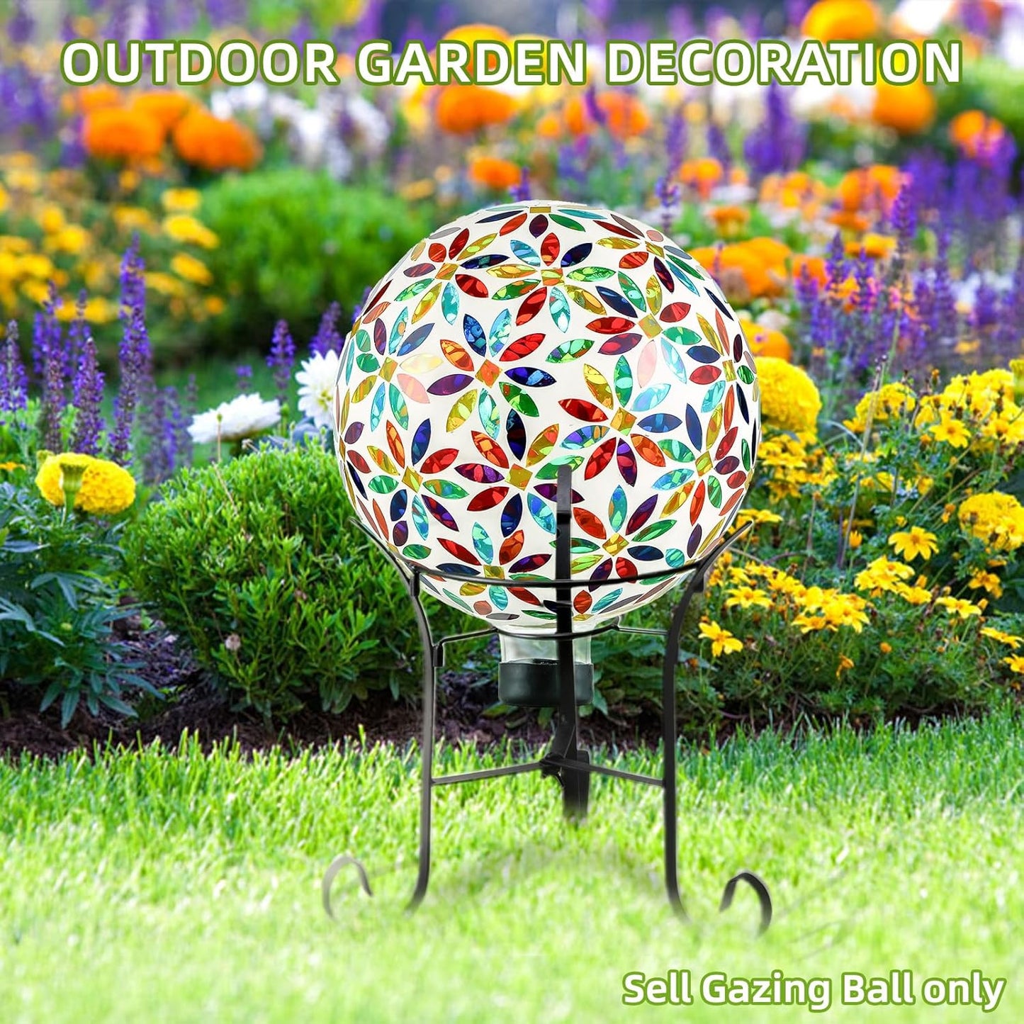 VOREEN Mosaic Glass Gazing Ball Outdoor Gazing Globe, Reflective Ball Yard Decoration for Homes, Patio, Lawn and Gardens, Gift for Mom Wife Friend, 10-Inch, Multi Colored Flowers Design
