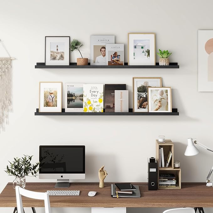 Picture Ledge Shelf, Floating Shelves Set of 2, Solid Pine Wood 55'' Long Large Nursery Book Shelves for Toys Storage, Kids Bookshelf for Living Room Bedroom Decor Books Photo Frames, Black