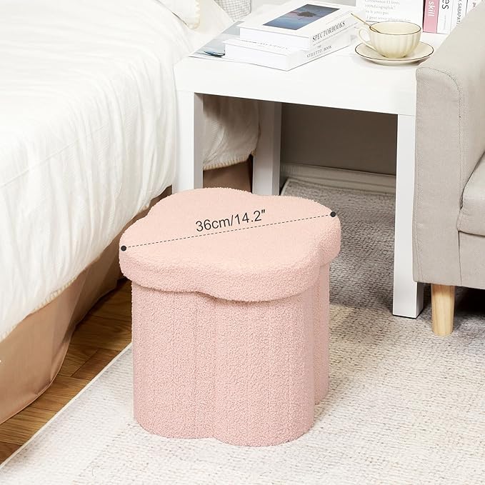 B FSOBEIIALEO Storage Ottoman Cube, Flowers Shaped Ottomans with Storage Foot Stool Footrest for Lving Room, Boucle Ottoman Seat for Dorm Room,Faux Teddy Fur, Pink 12.6"x12.6"x12.6"