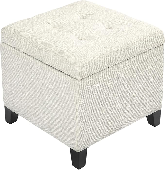 Adeco 18 Inch High Cube Ottoman Storage, Linen Chair Foot Stools, Upholstered Vanity Stool with Hinged Lid, Solid Wood Legs (White Circle Yarn)