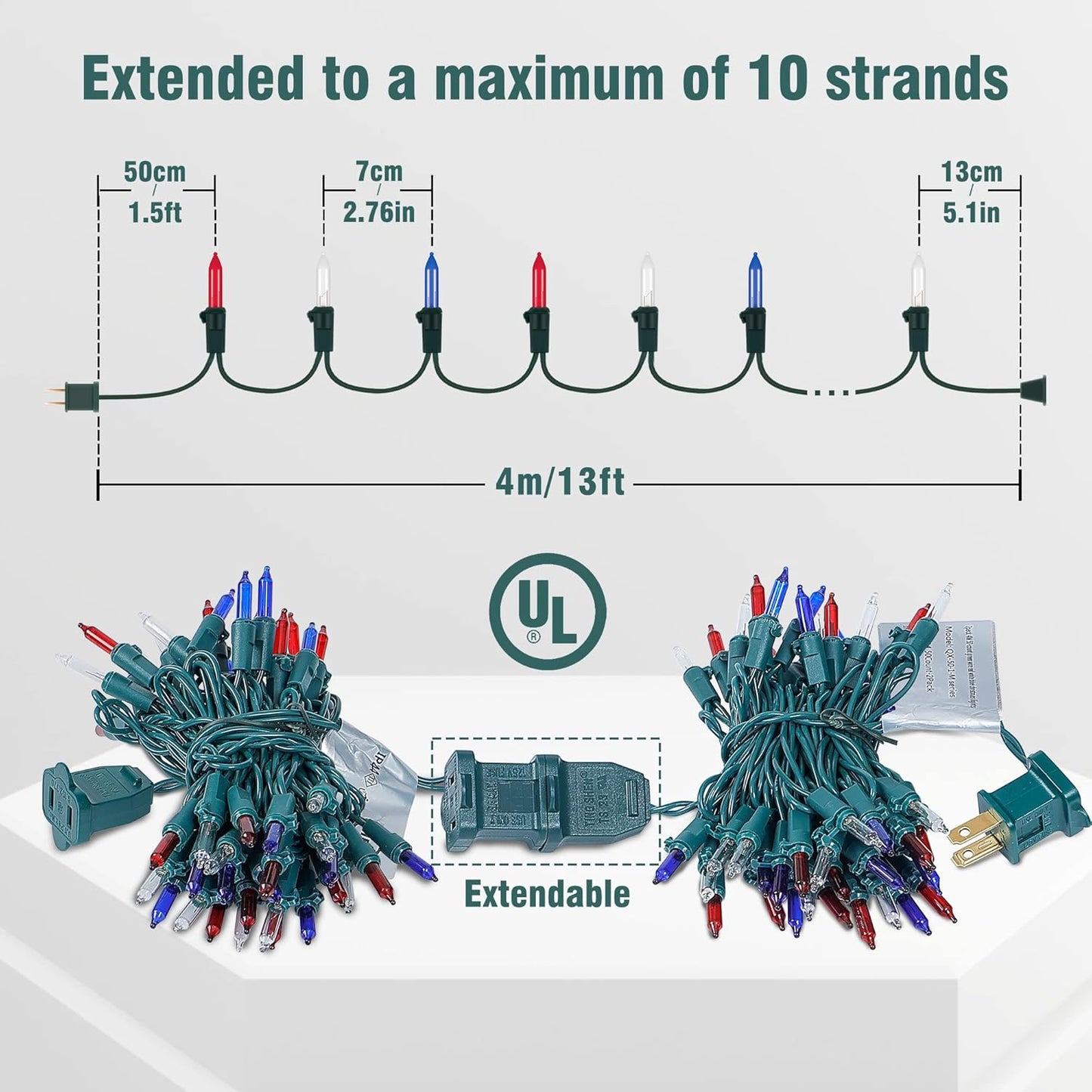 Hopolon Red White and Blue Mini Lights,2PACK 50Count 4th of July Patriotic String Lights Green Wire,13FT Incandescent Independence Day Light for Indoor Outdoor Christmas Party Decor,Red White Blue