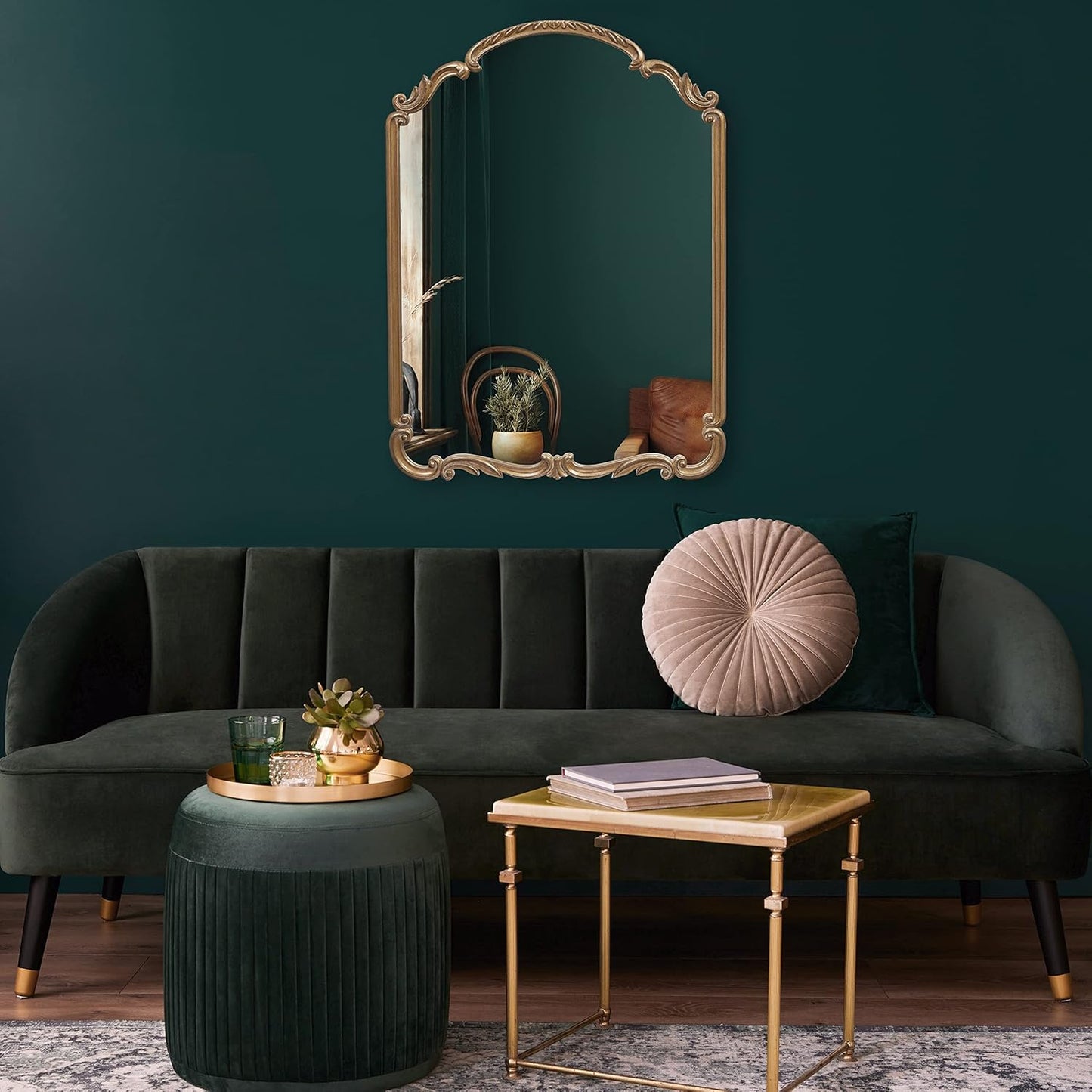 English Estate Carved Arch Wood Wall Mirror, Mirror for Entryway, Living Room, Bathroom, Antique Gold, 22x30