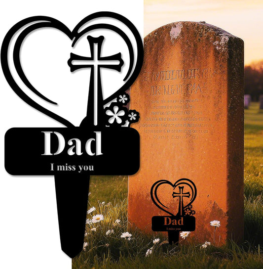 Dad Memorial Grave Stake, Cemetery Decorations for Grave Markers 12.5 x 7.2 inch Heart Metal Sympathy Stakes Graveside Plaque Decor Sign for Father Graves, Yard, Garden - Black-Dad