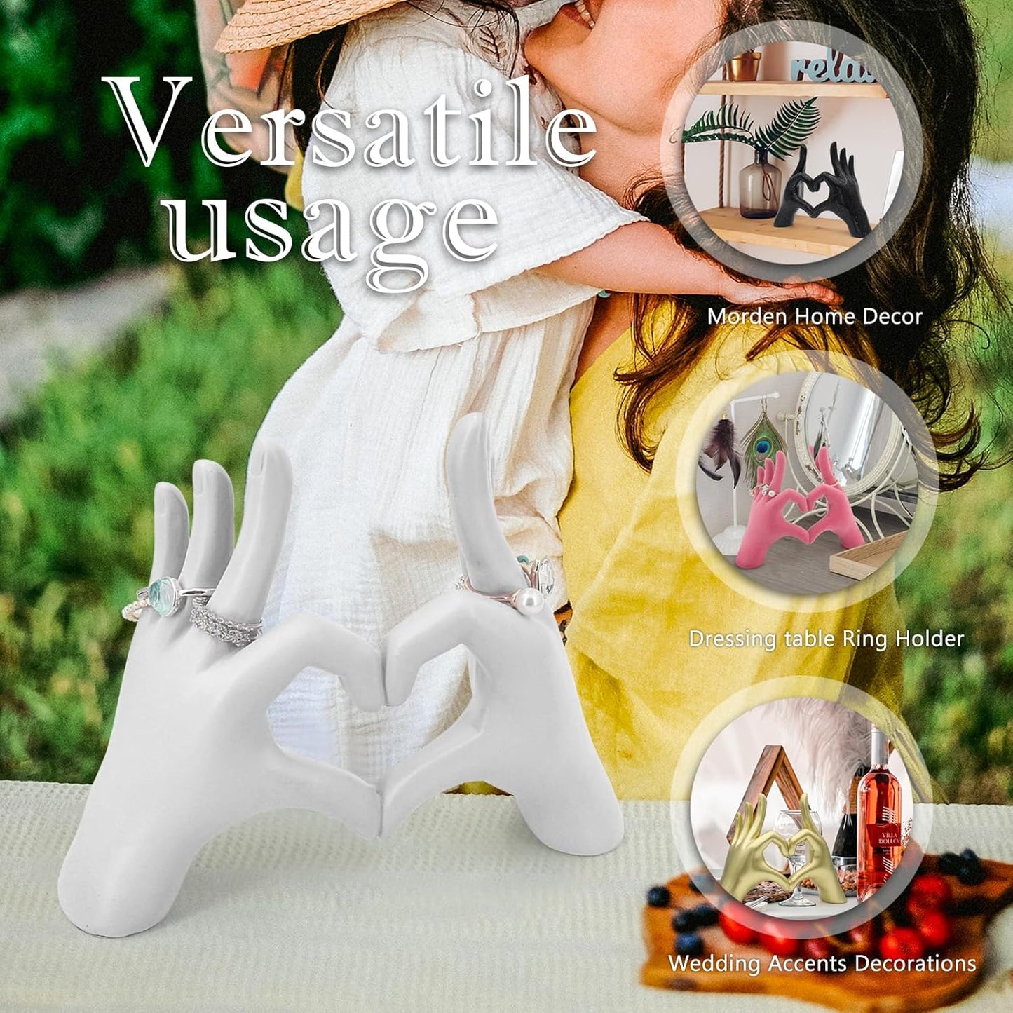 Accessoryway White Heart Hands Sculpture Decor - Valentines Day Decorations for Living Room, Bedroom, Office & Shelf Decor,Unique Heart Hands Ring Holder Display for Girls & Wedding Decorations