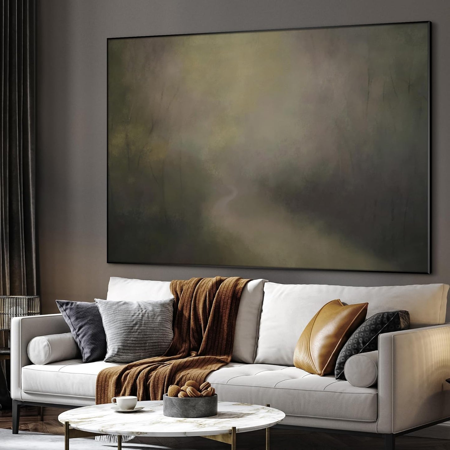 SIGNWIN 60"x72" Extra Large Framed Wall Art Muted Forest Path Soft Misty Woodland Scene Illustration for Home Living Room Bedroom Decor (Frame Assembly Required)